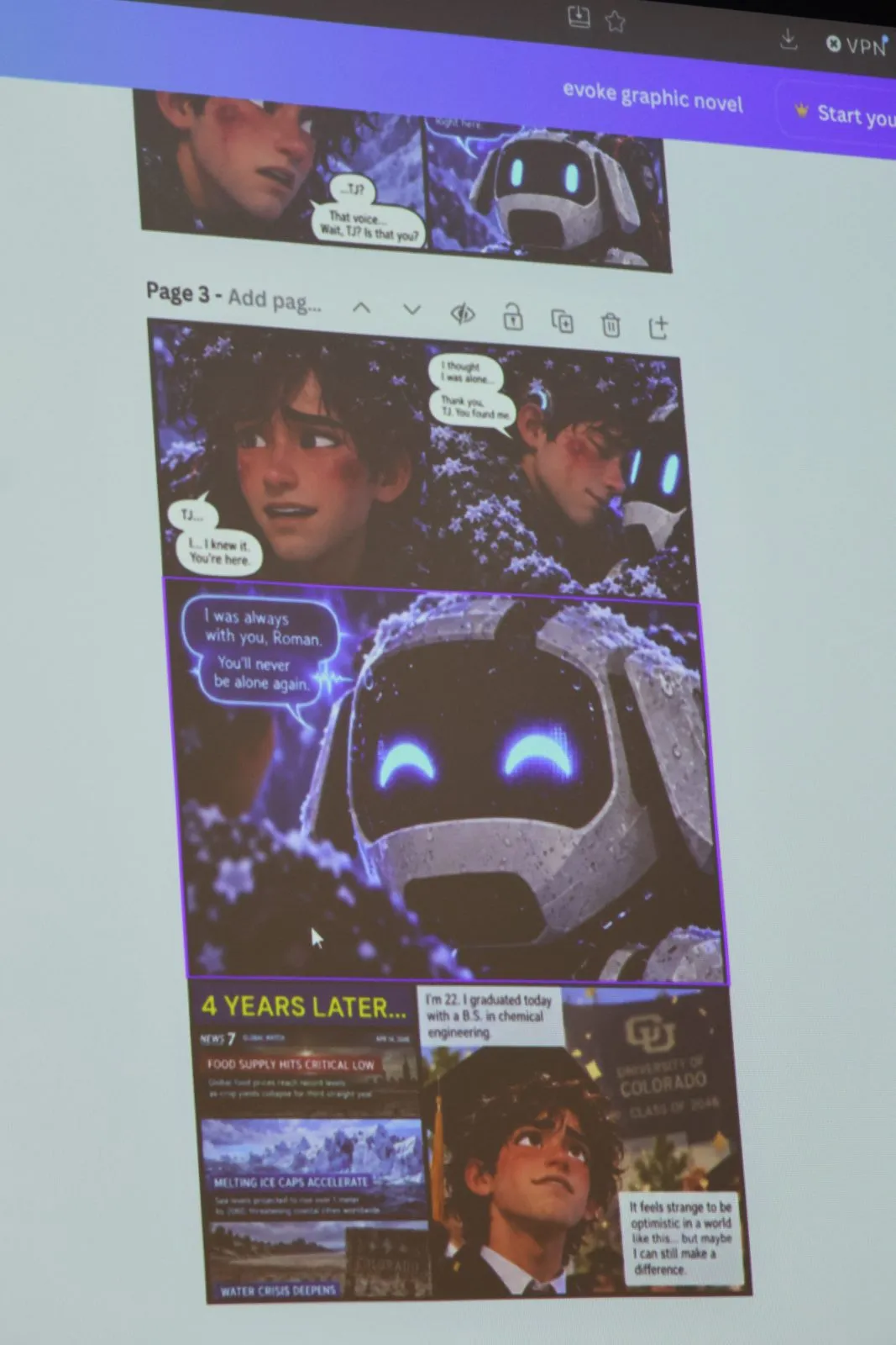 A graphic novel page that a team made, projected on a screen.