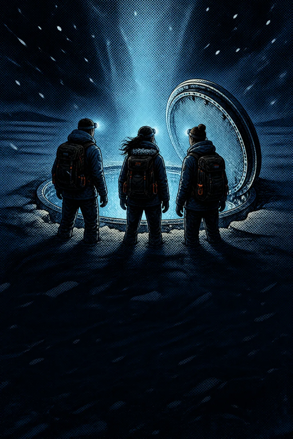 Three students standing at an open hatch in the Antarctic ice, light coming from below.