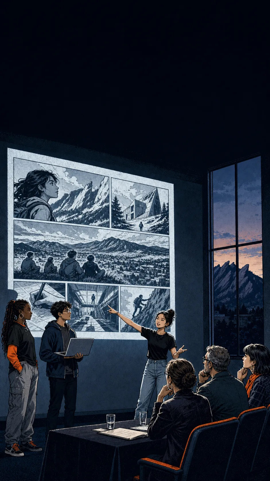 A student team presenting their comic panels to a room of judges, the Flatirons visible through the window.