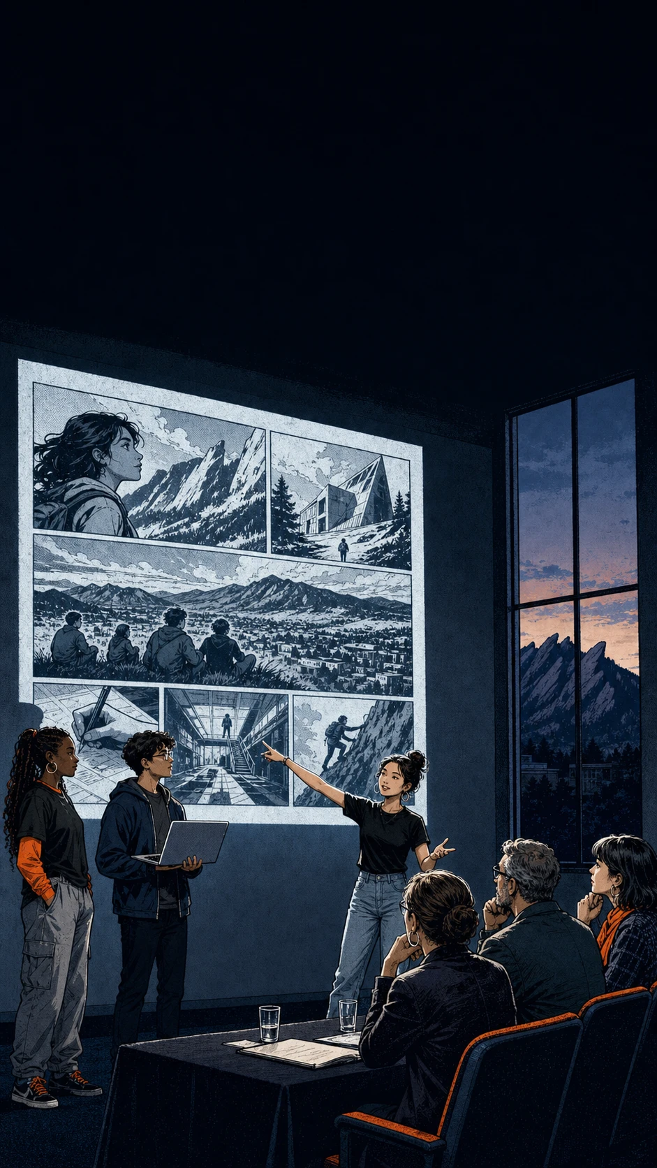 A team presents to judges in a room with the Flatirons outside the window.